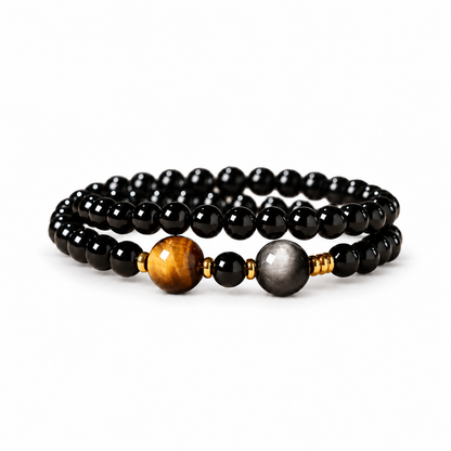 Obsidian and tiger eye double-wrap bracelet on white