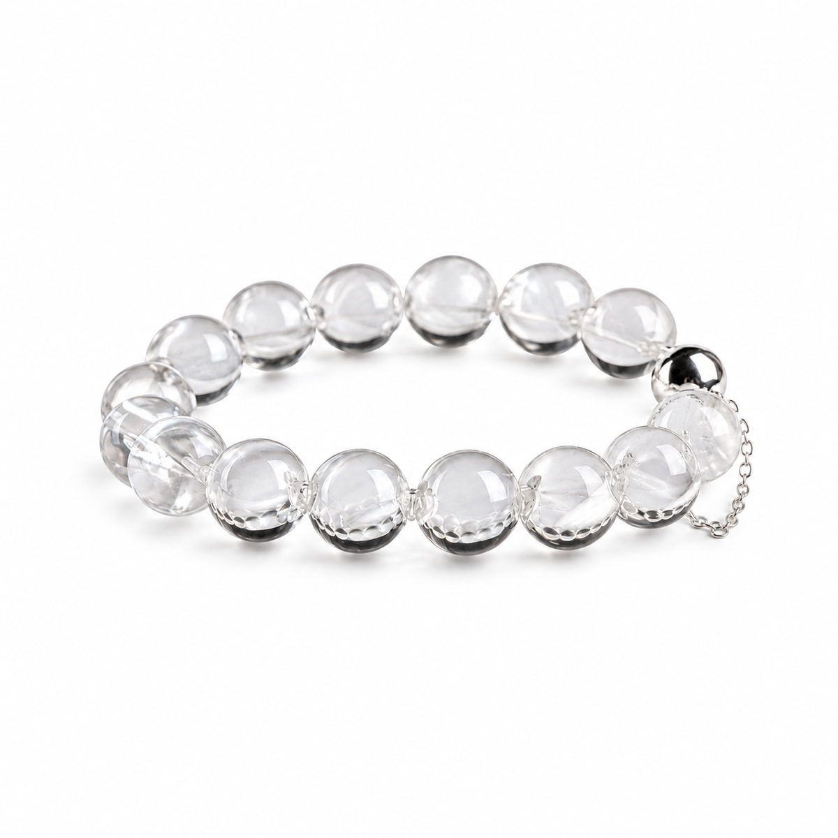Clear quartz bubble bead bracelet with silver-tone connector and delicate chain