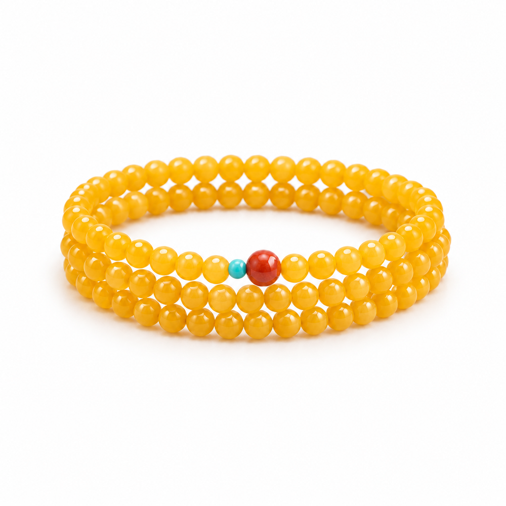 Yellow agate triple-wrap bracelet with red and turquoise-color accent beads
