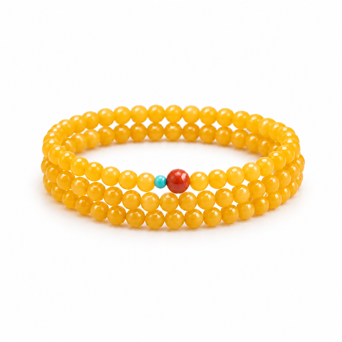Yellow agate triple-wrap bracelet with red and turquoise-color accent beads