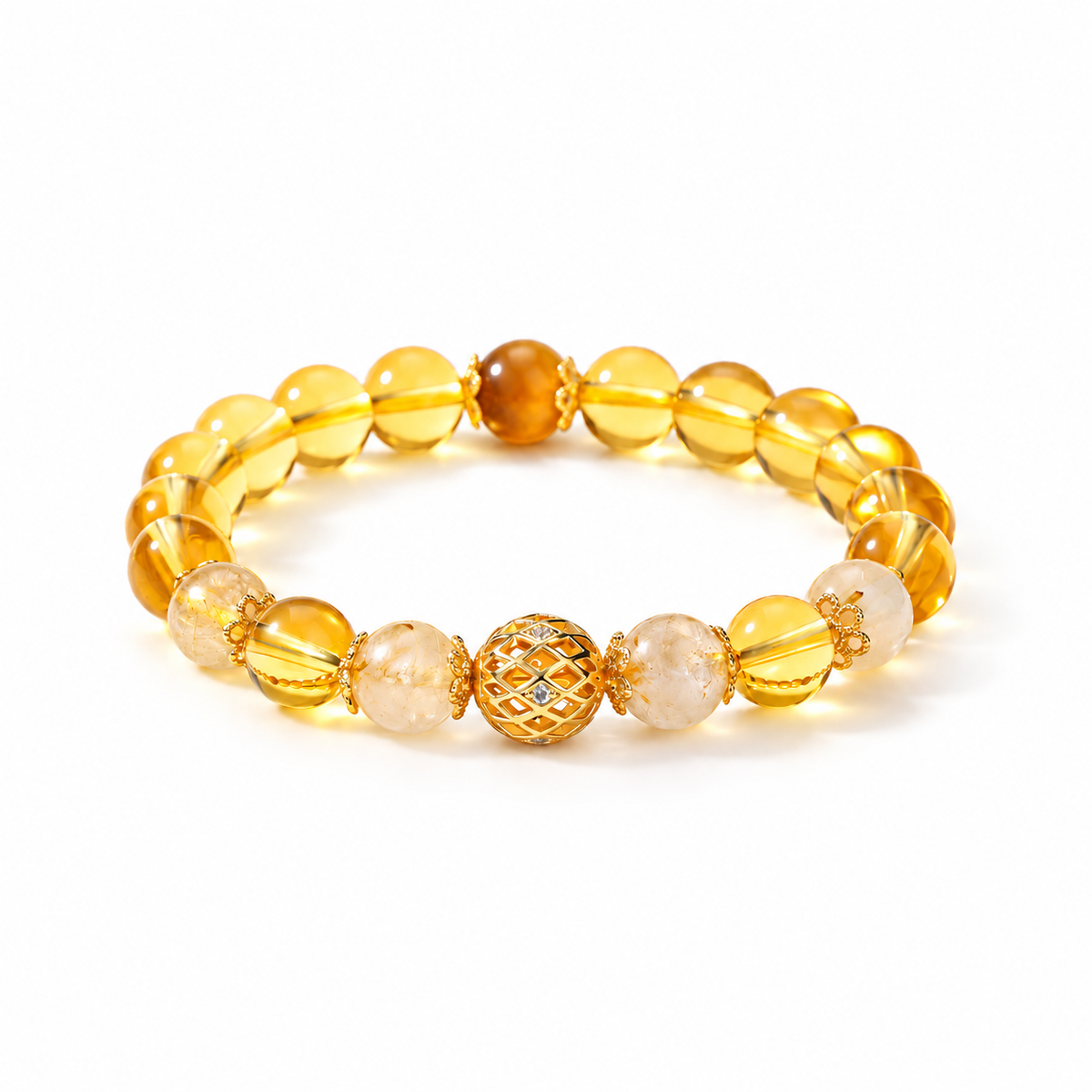 Golden rutilated quartz and citrine bracelet on white background