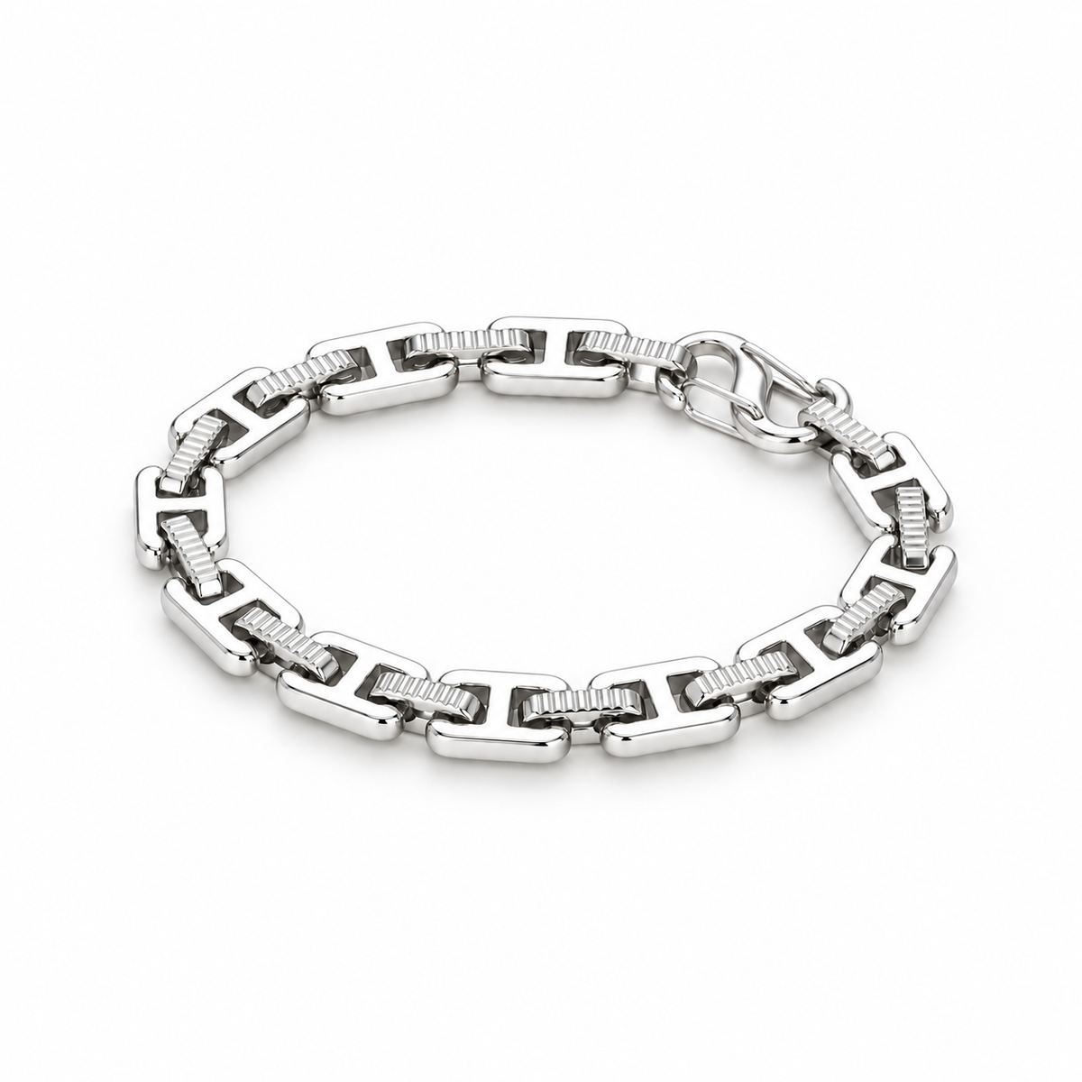 Silver-tone textured H-link titanium steel bracelet on a white background